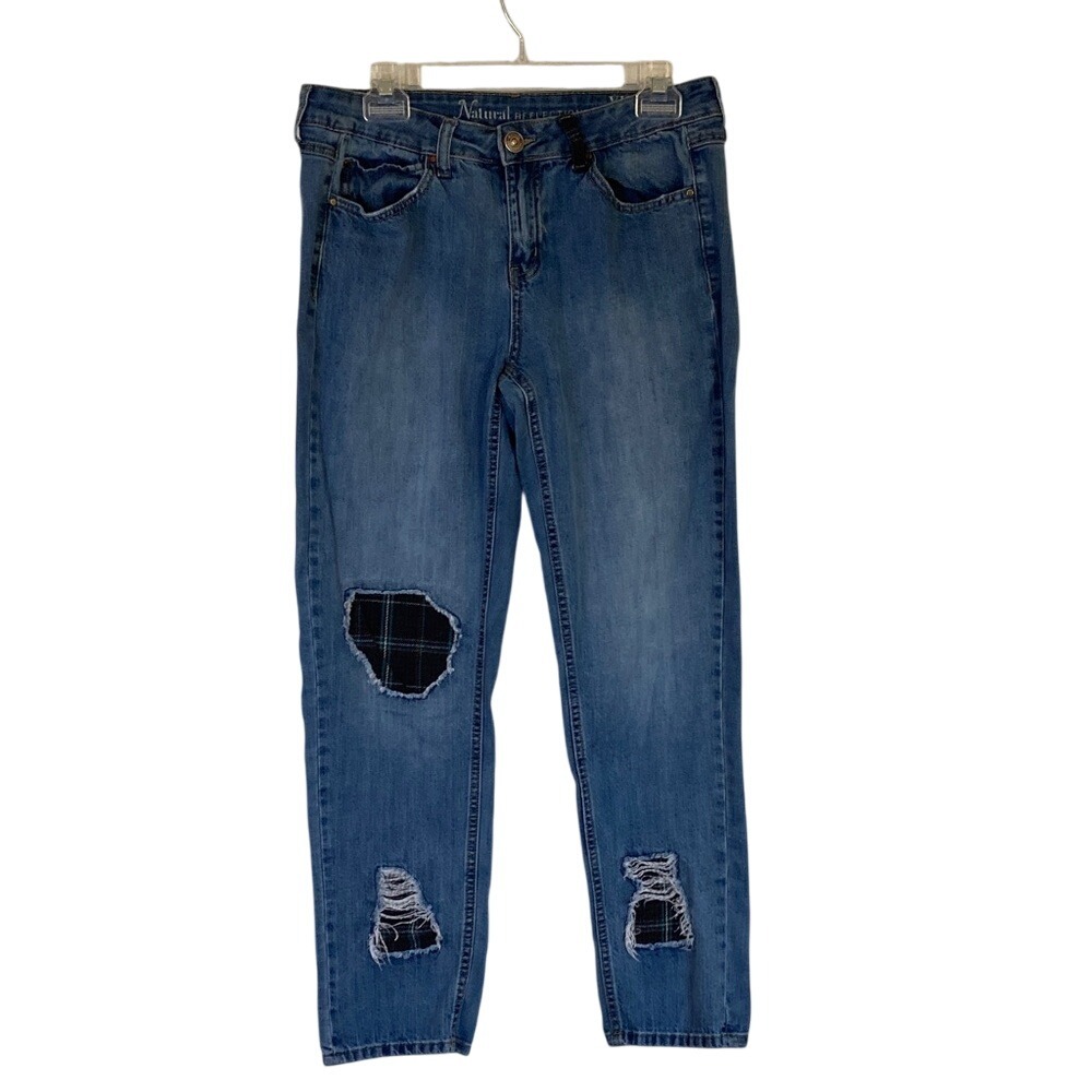 Natural Reflections Women's Blue Distressed Boyfriend Patchwork Jeans Size 8